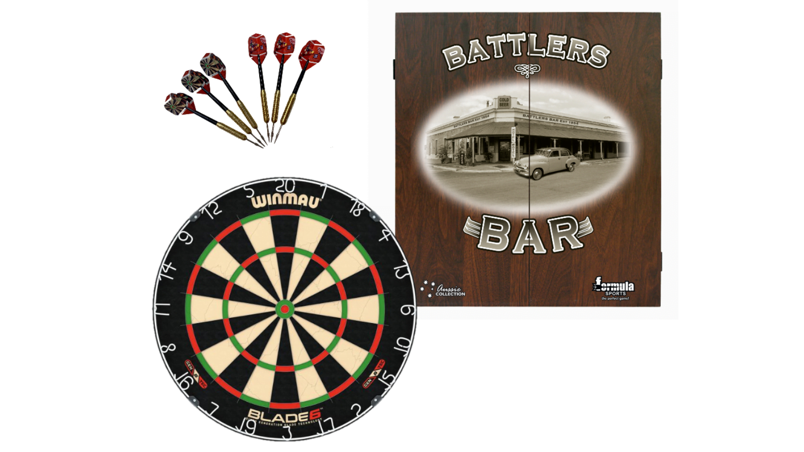 Winmau Professional Blade 6 Dartboard with Darts Set and Battlers Bar Pub Car Cabinet