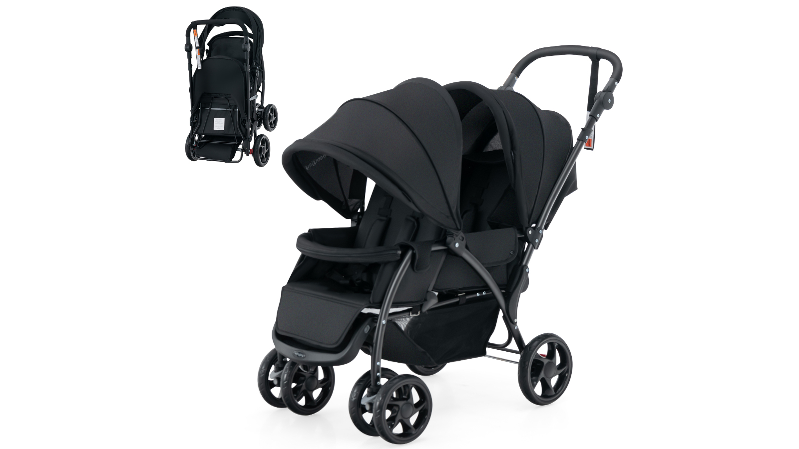 Costway Twin Stroller with Adjustable Canopy Footrest 5-Point Harness and Storage Basket - Black
