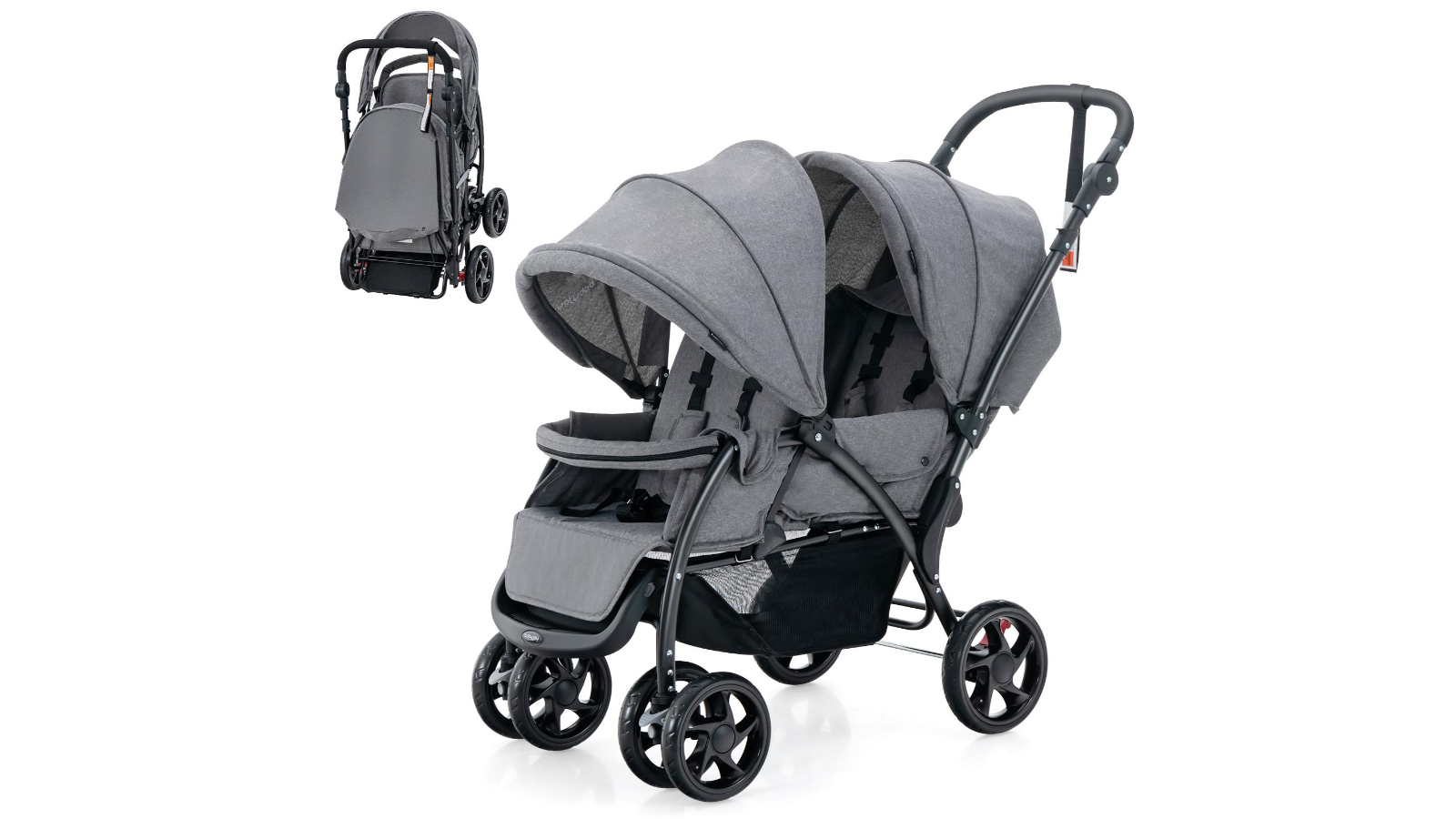 Costway Twin Stroller with Adjustable Canopy Footrest 5-Point Harness and Storage Basket - Grey