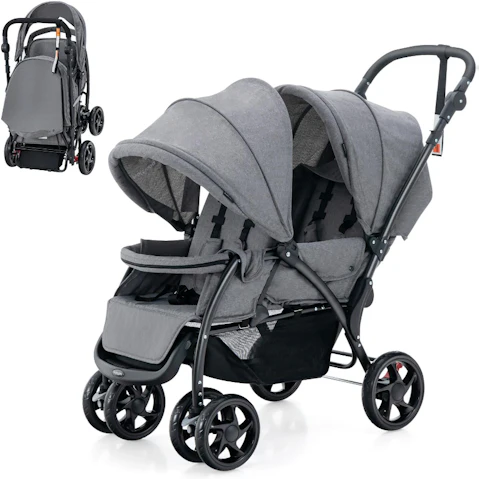 Costway Twin Stroller with Adjustable Canopy Footrest 5-Point Harness and Storage Basket - Grey