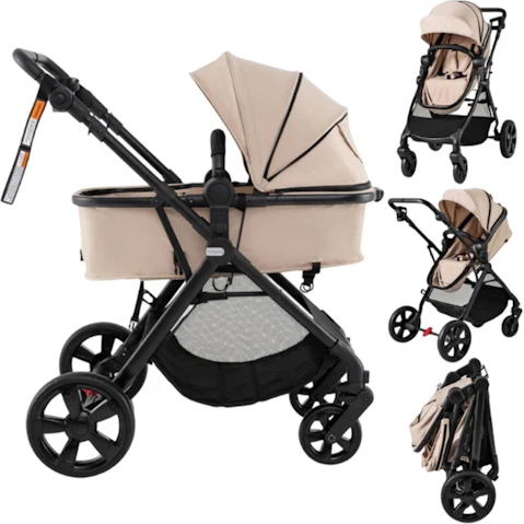 Costway 2-in-1 Convertible Pram Folding Lightweight Stroller with Storage Bag - Beige