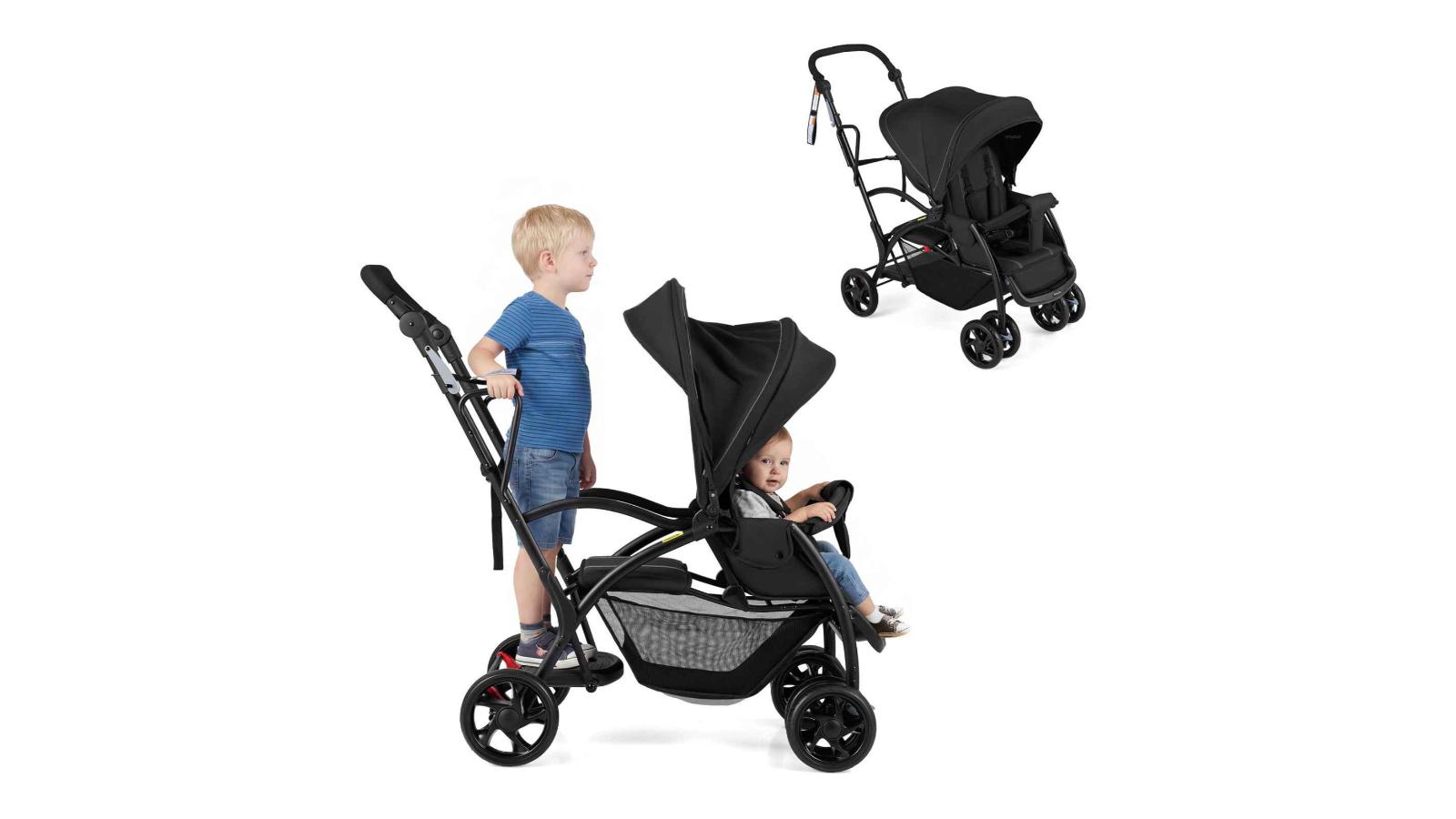 Costway 5-Point Harness Canopy Sit and Stand Stroller Storage Push Car with Wristband - Black