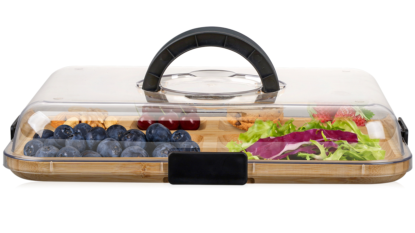 Portable Handle Charcuterie Board with Lid Locking Bamboo