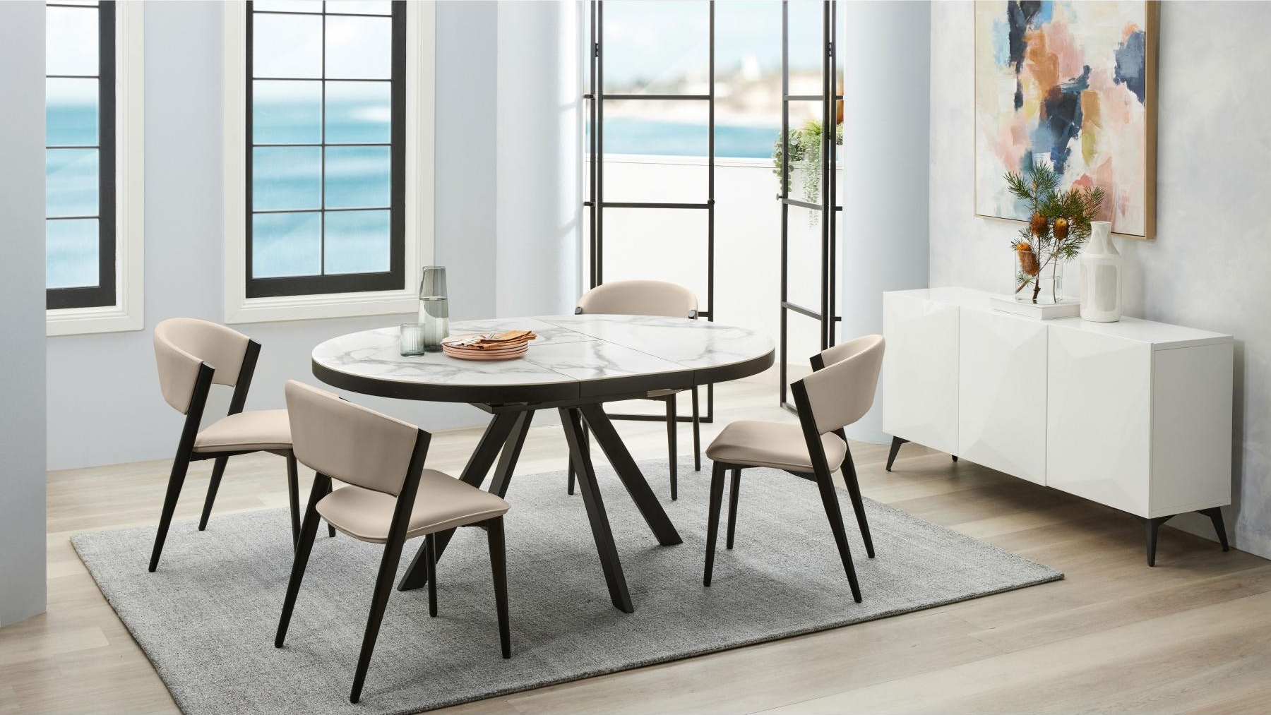 Kyoto 5-Piece Round Extension Dining Set - Beige PU