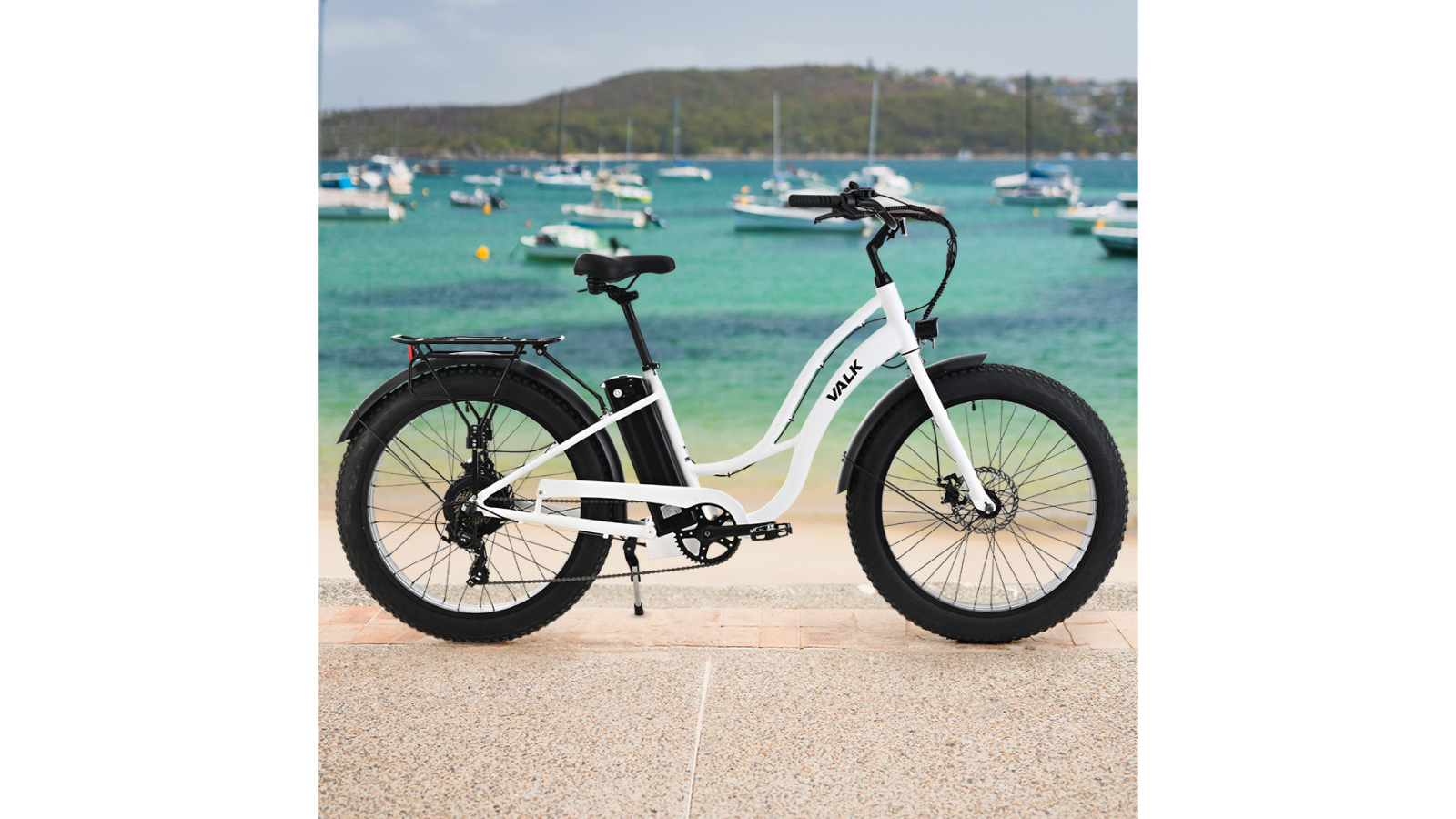 Valk Electric Fat Tyre Cruiser Bike with Throttle White Harvey