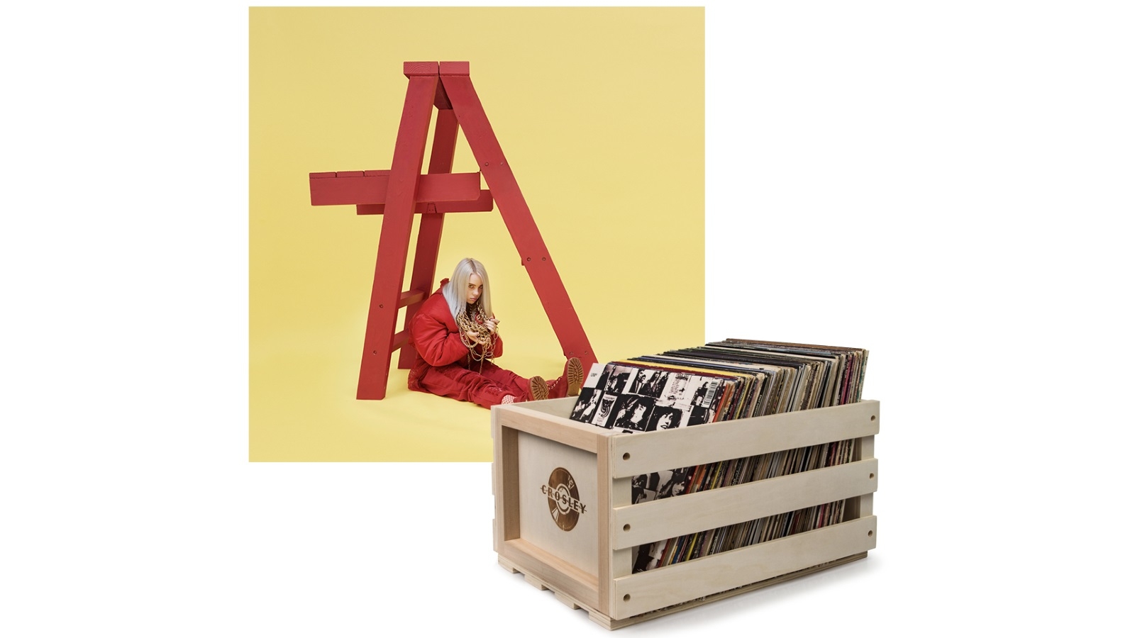 Crosley Record Storage Crate and Billie Eilish Don't Smile At Me - Vinyl Album Bundle