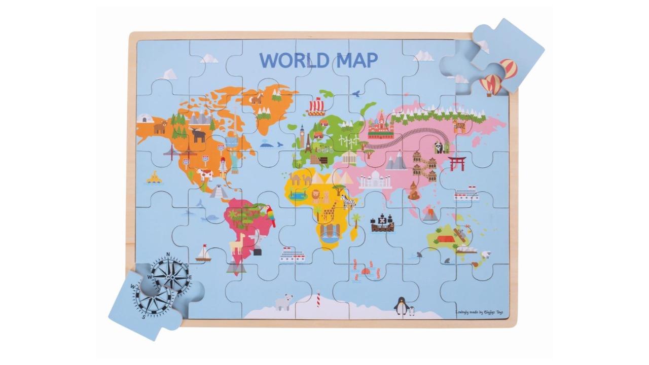 Bigjigs Toys 35 Piece 43cm World Map Jigsaw Puzzle Kids Wooden Learning Toy - 3 year+