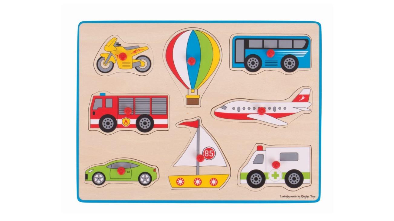 Bigjigs Toys 8 Piece 30cm Lift Out Puzzle Transport Plane/Bus/Car Wooden Toy - 3 year+