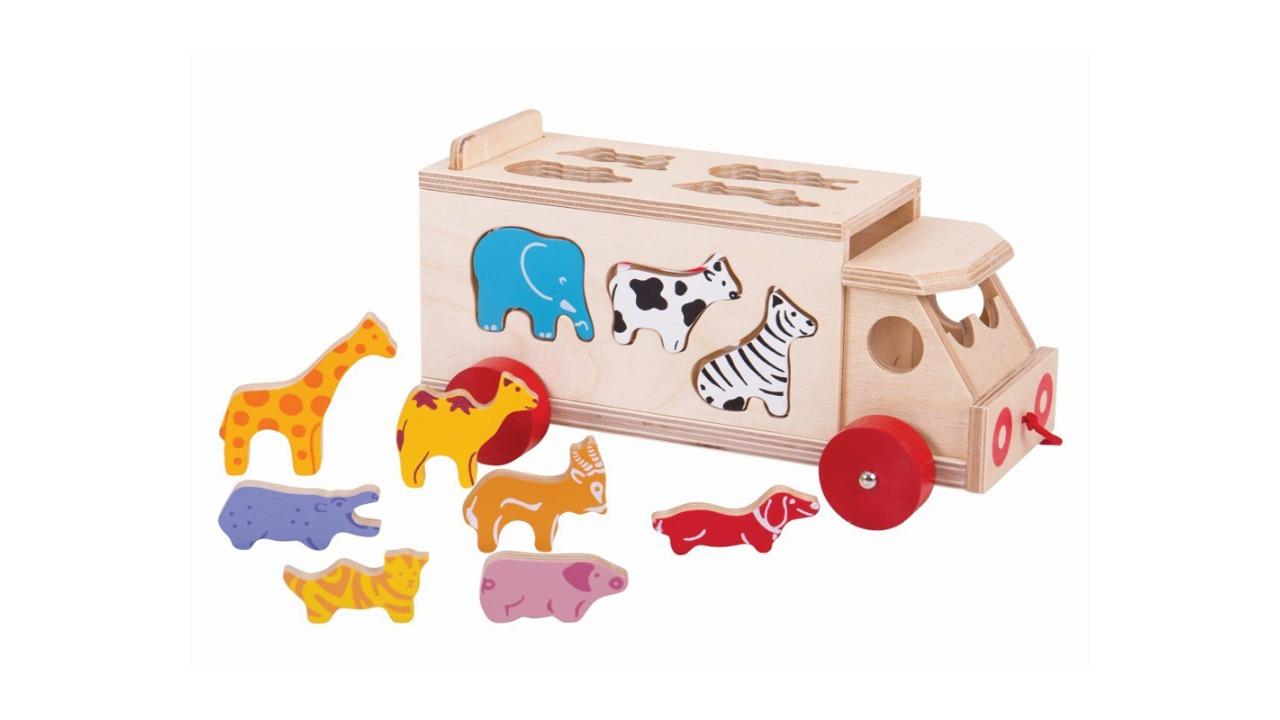 Bigjigs Toys Shape Sorter Lorry with 10 Wooden Animal Toy - 18 month+