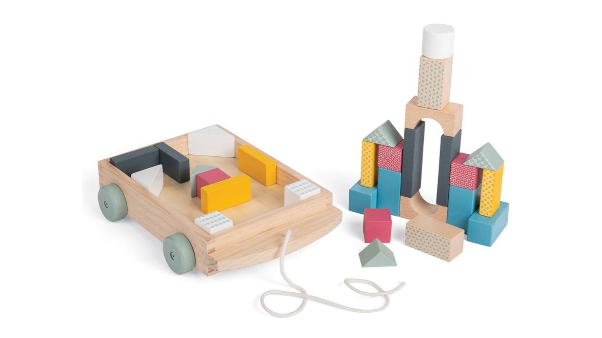 Bigjigs Toys 30 Piece 20cm FSC Brick Cart Wooden Sensory Toy Set - 18 month+