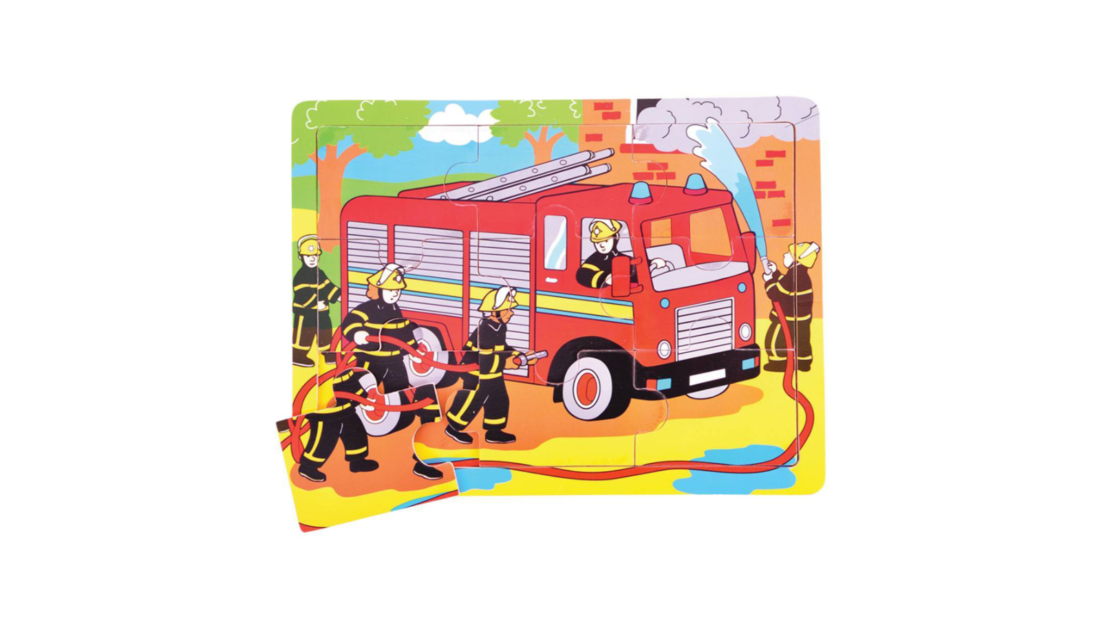 Bigjigs Toys 9 Piece 30cm Medium Kids Tray Puzzle Fire Engine Wooden Toy - 2 year+