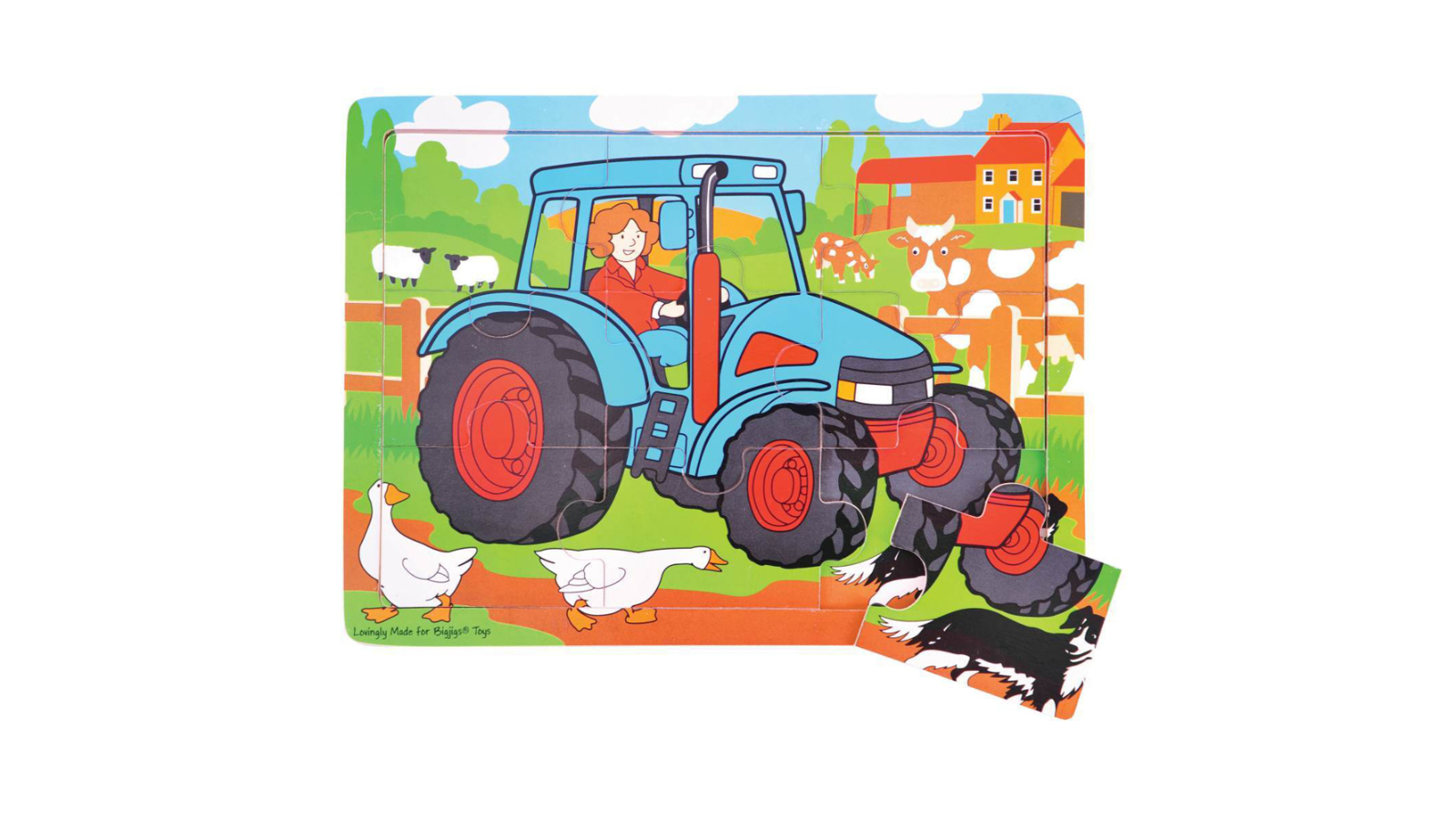 Bigjigs Toys 9 Piece 30cm Medium Tray Puzzle Tractor Wooden Toy - 2 year+