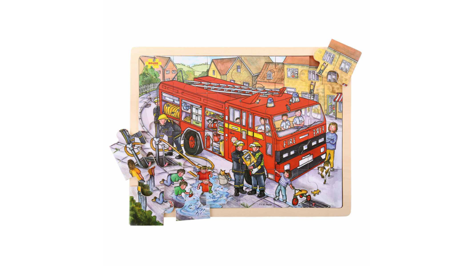 Bigjigs Toys 24 Piece 43cm Large Kids Tray Puzzle Fire Engine Wooden Toy - 3 year+