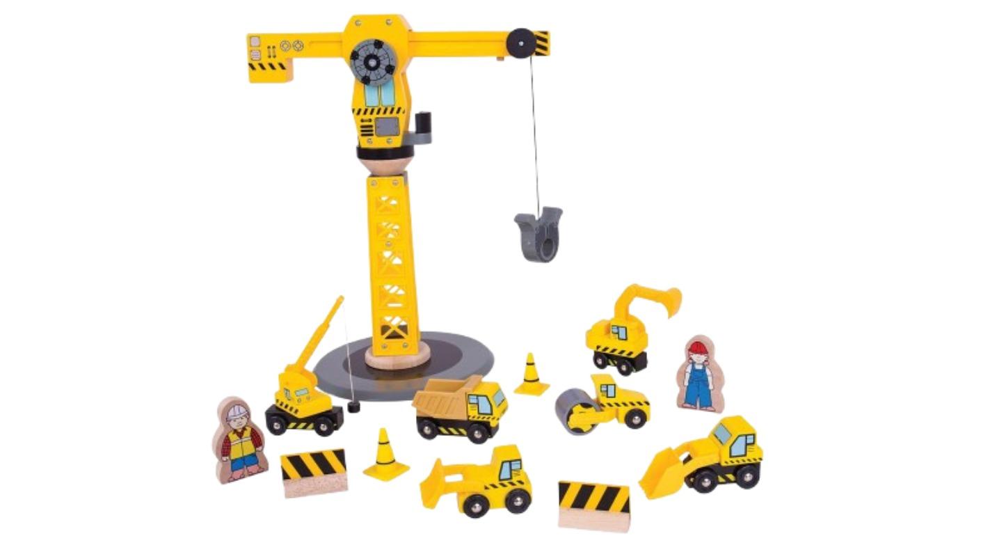 Bigjigs Rail 13 Piece 38cm Big Crane Construction Wooden Toy Set - 3 year+