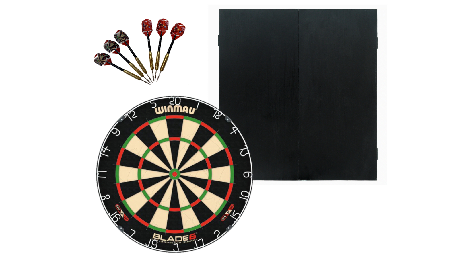 Winmau Professional Blade 6 Dartboard with Darts Set and Black Ash Cabinet