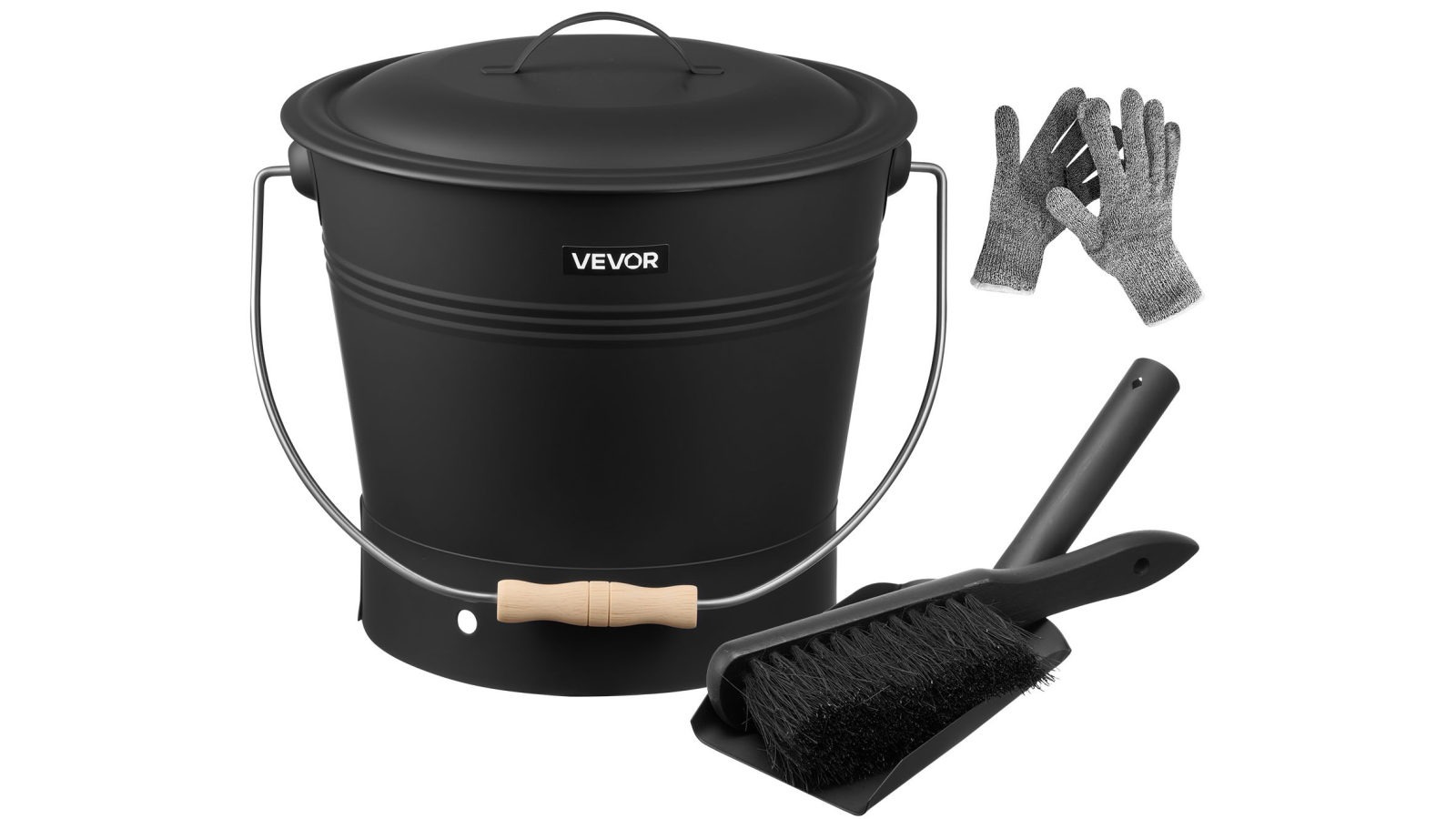 Vevor 4 Piece 9.8L Ash Bucket, Lid, Shovel Broom and Gloves for Outdoor Metal Fireplace