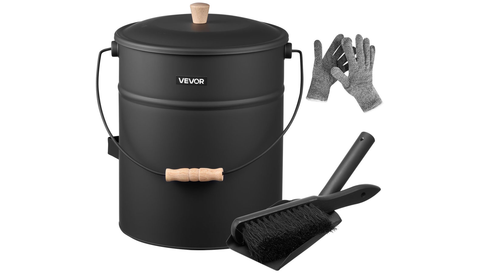 Vevor 15L Outdoor Ash Bucket with 4 Piece Lid Shovel Broom Gloves Metal Fireplace