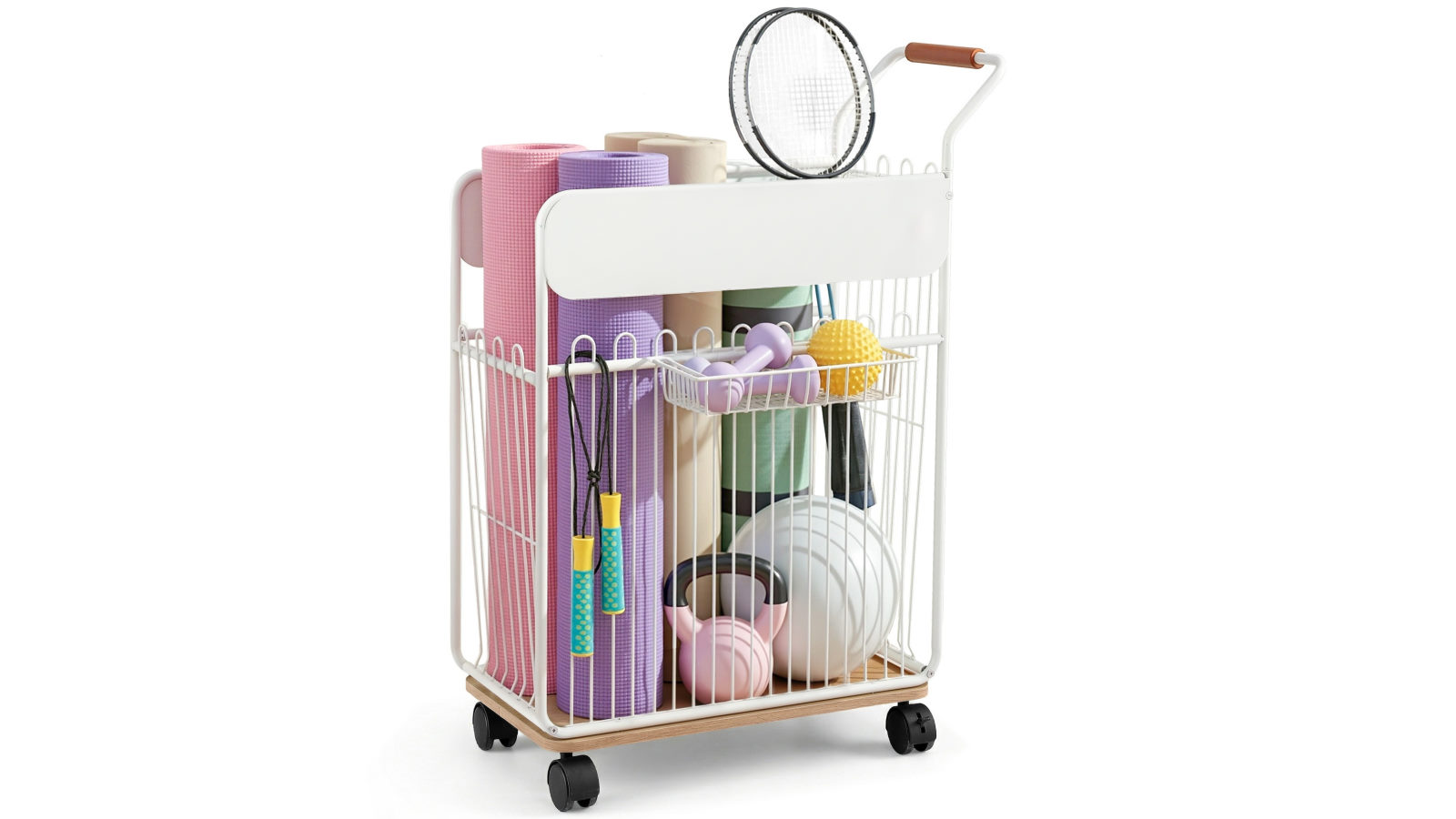 Everfit Yoga Mat Gym Storage Organizer Rack Mobile Holder with Wheels Basket - White