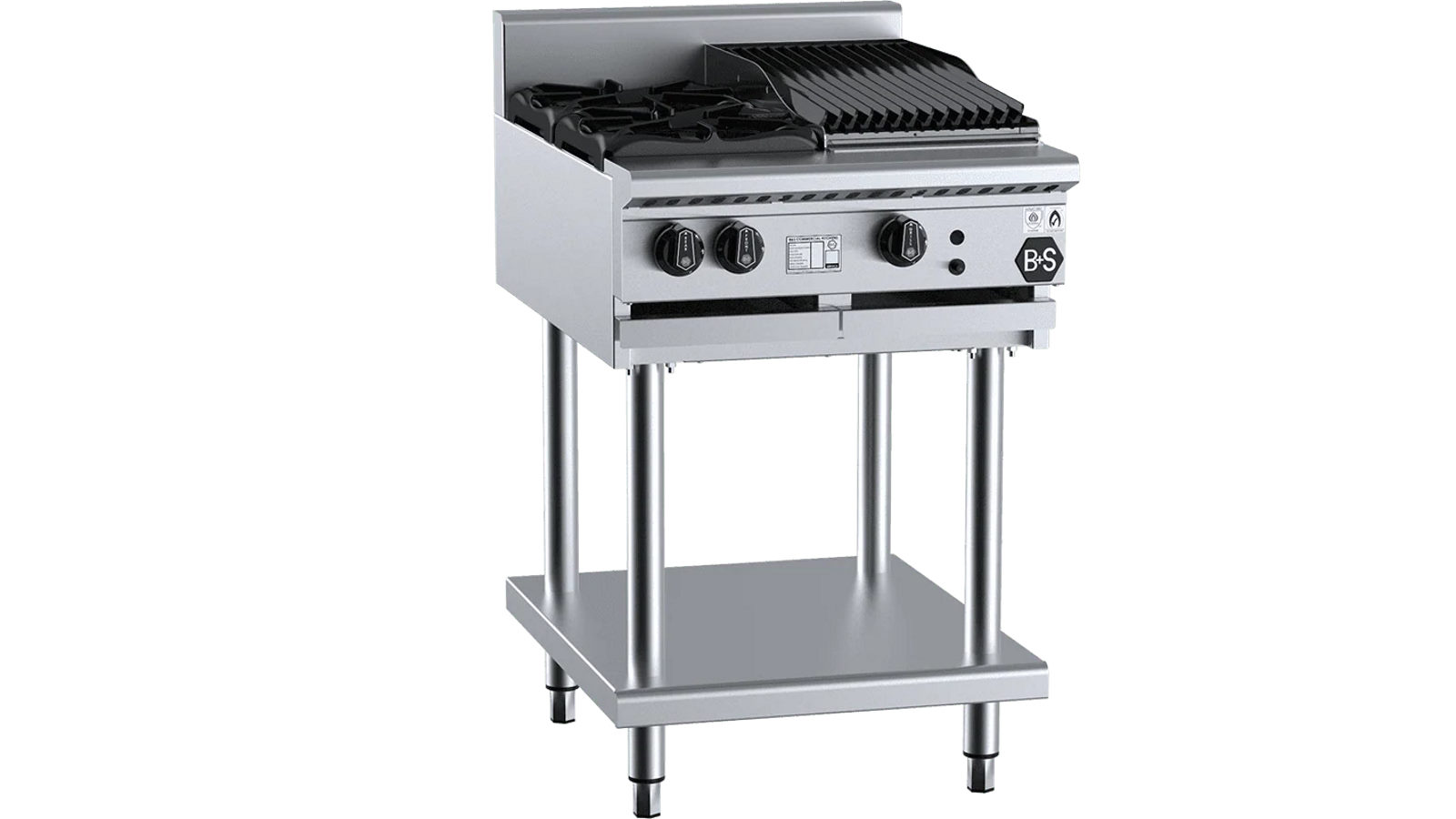 B+S Black Combination Two Open Burners and 30cm Char Broiler - LPG