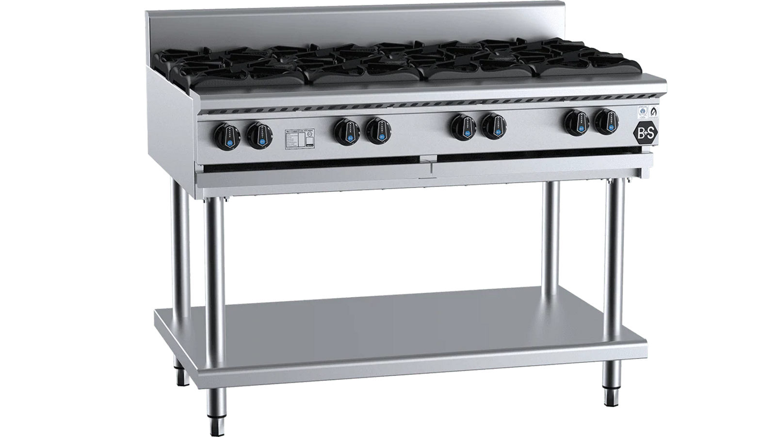 B+S Black Eight Burner Boiling Top Cooktop With Stand - LPG