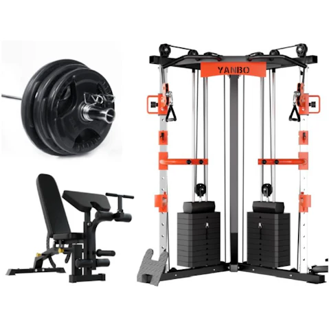 SmartFit C1 130kg Pin Loaded Max Compact Cable Machine Set + Bench with Arm and Leg + Olympic Barbell + Weights