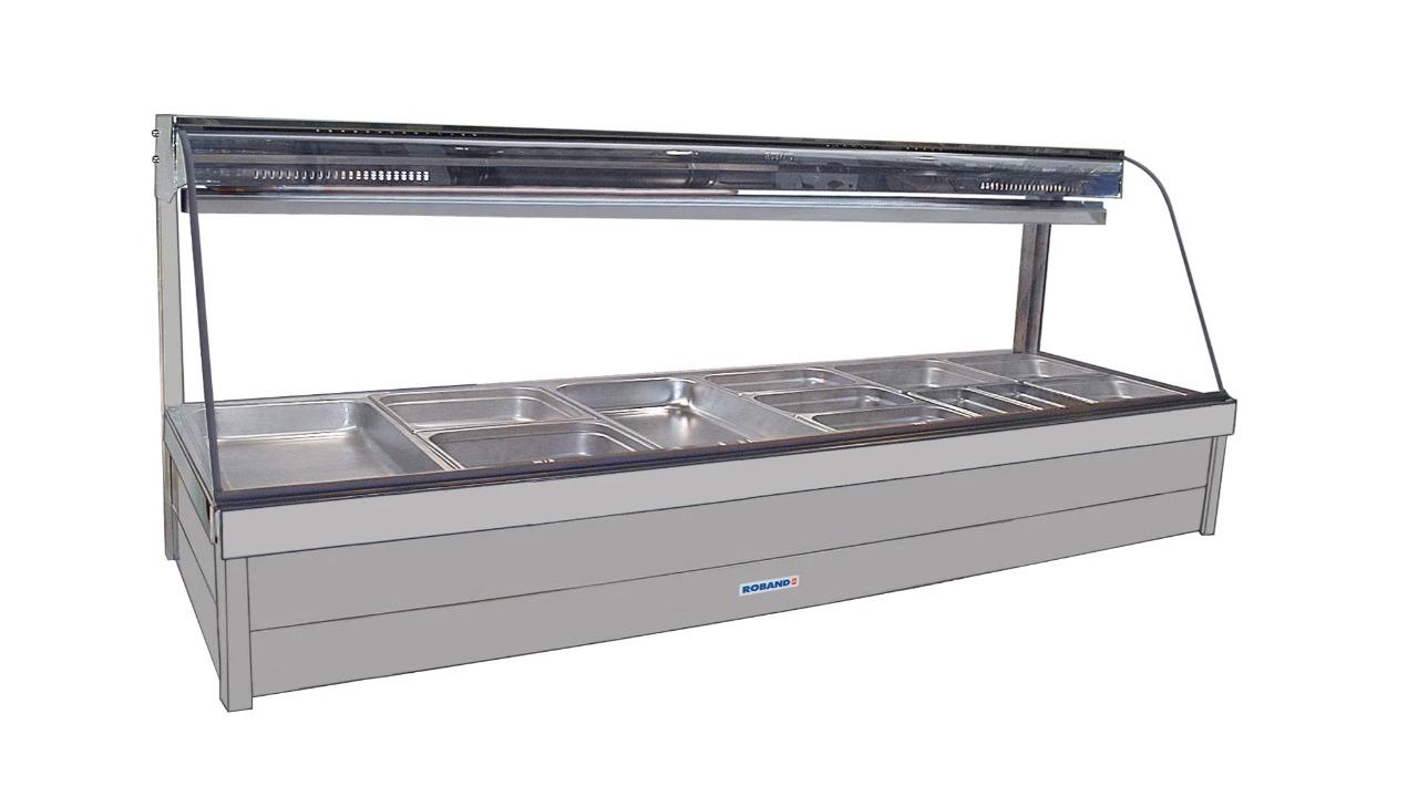 Roband Curved Glass Hot Food Display Bar and 12 Pans Double Row