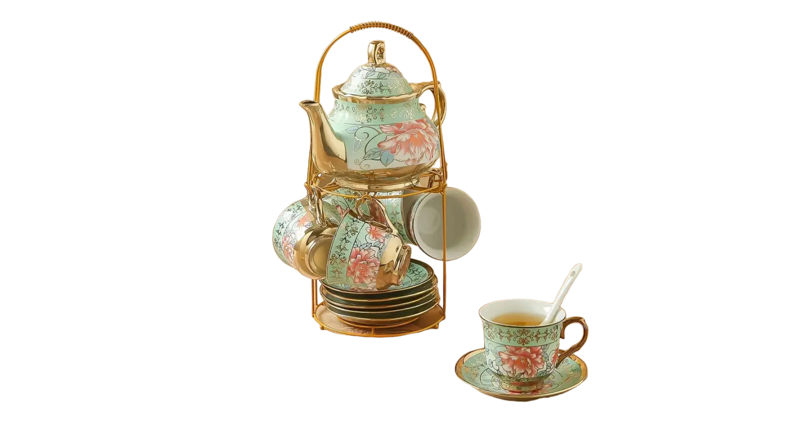 NNETM 20 Piece Green Elegance in Bloom Ceramic Tea and Coffee Set with Iron Rack