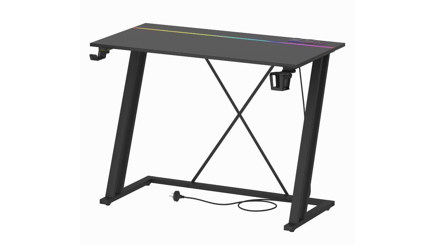 Advwin 100cm Built-in LED Lights and Power Outlet Carbon Fiber Surface Gaming Desk - Black