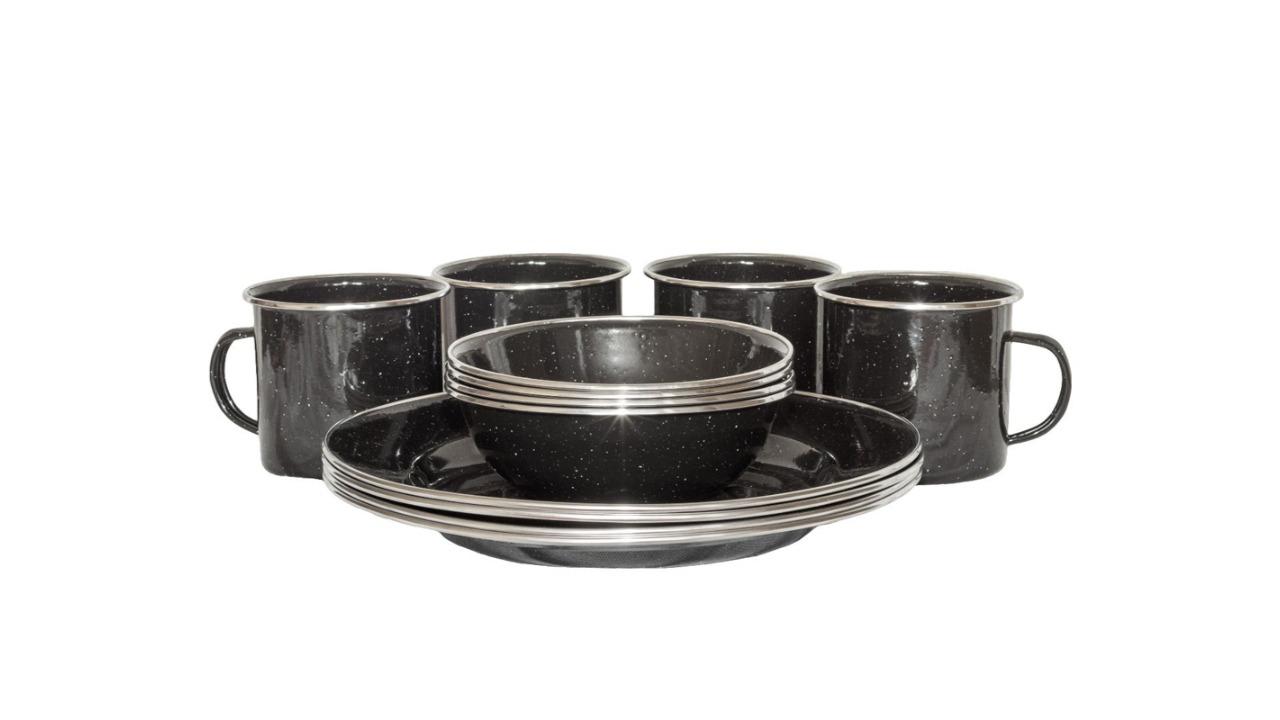Wildtrak 12 Piece Premium Enamel Camping Dinner Set - Black