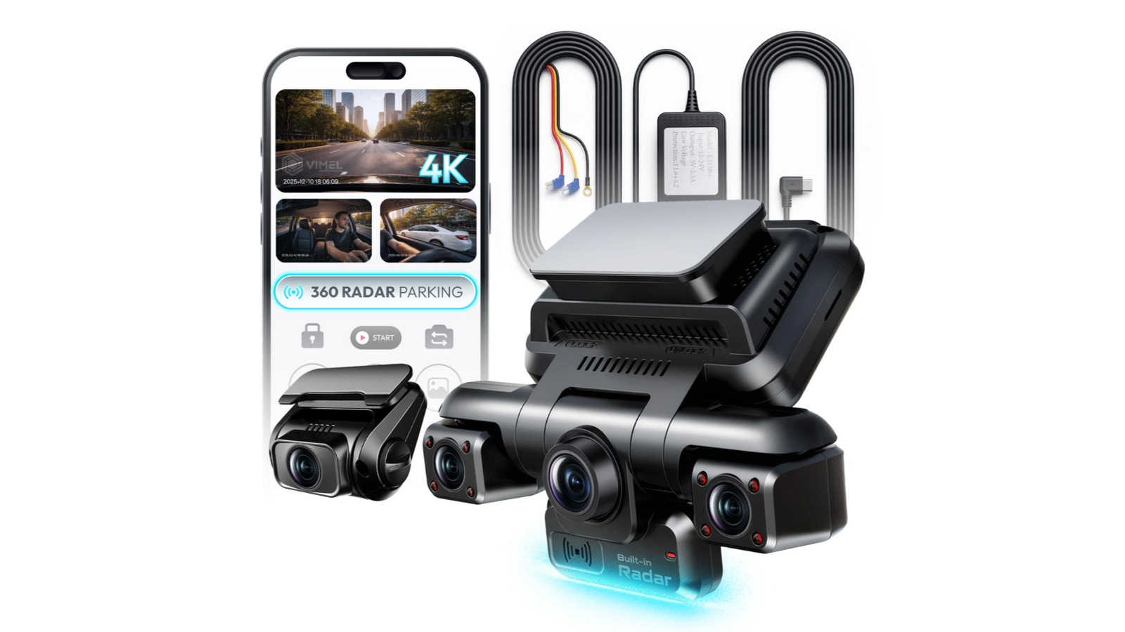 Vimel 4K 4 Channel Front and Rear Dash Camera with Hardwire Kit