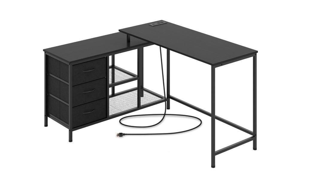 Costway 205cm L-Shaped Corner Desk with 3 Fabric Drawers Storage Shelves - Black