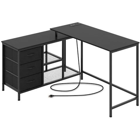 Costway 205cm L-Shaped Corner Desk with 3 Fabric Drawers Storage Shelves - Black