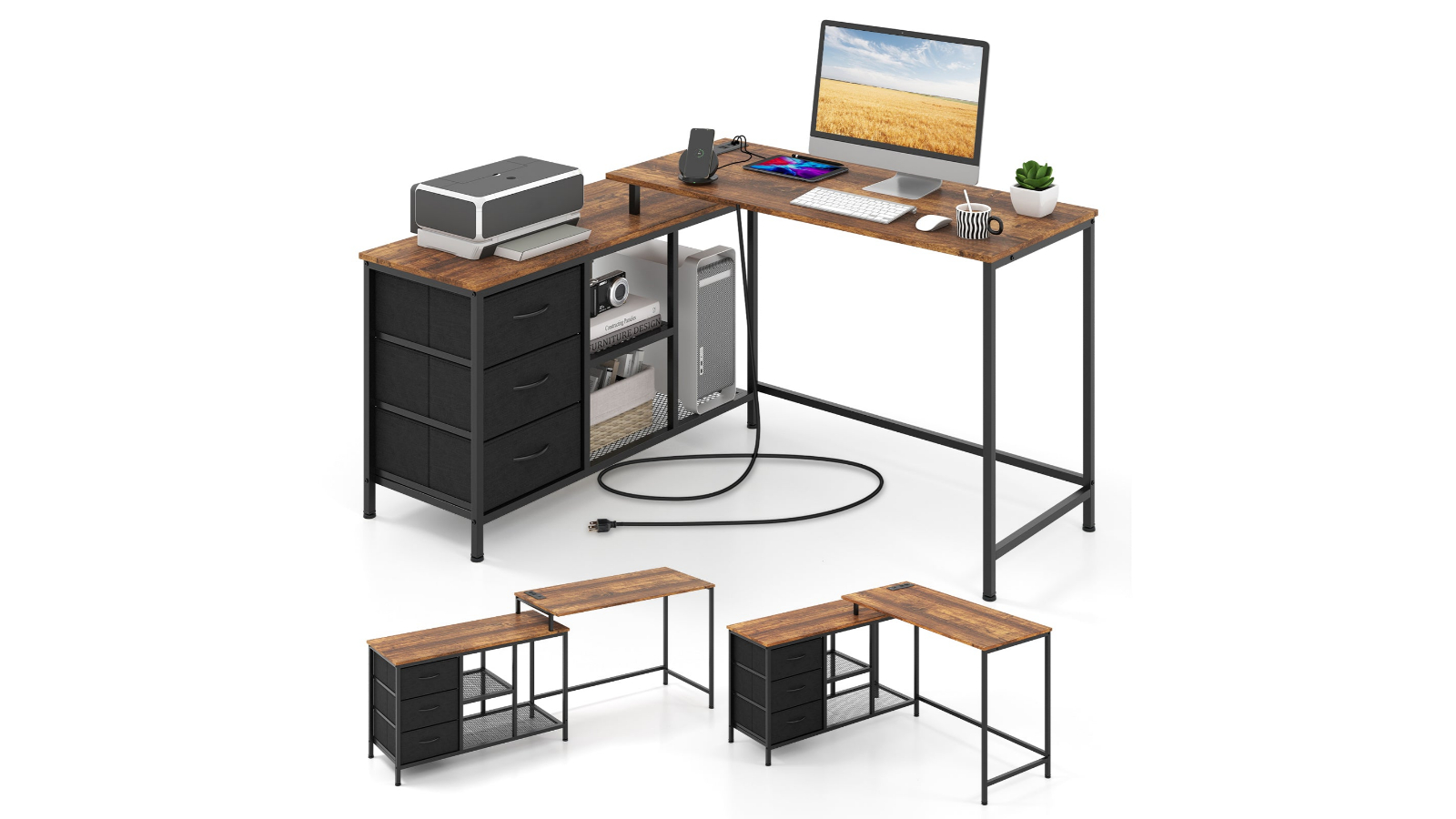 Pretty & Practical L-Shaped Desk with Power Outlet Drawer and Metal Mesh Shelve