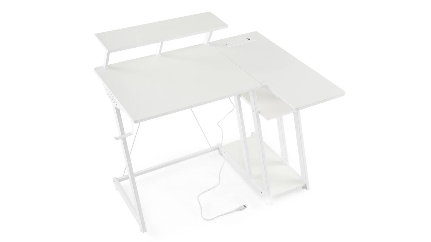 Costway L-Shaped Desk with Monitor Shelf Headphone Hook Outlet and USB Port - White