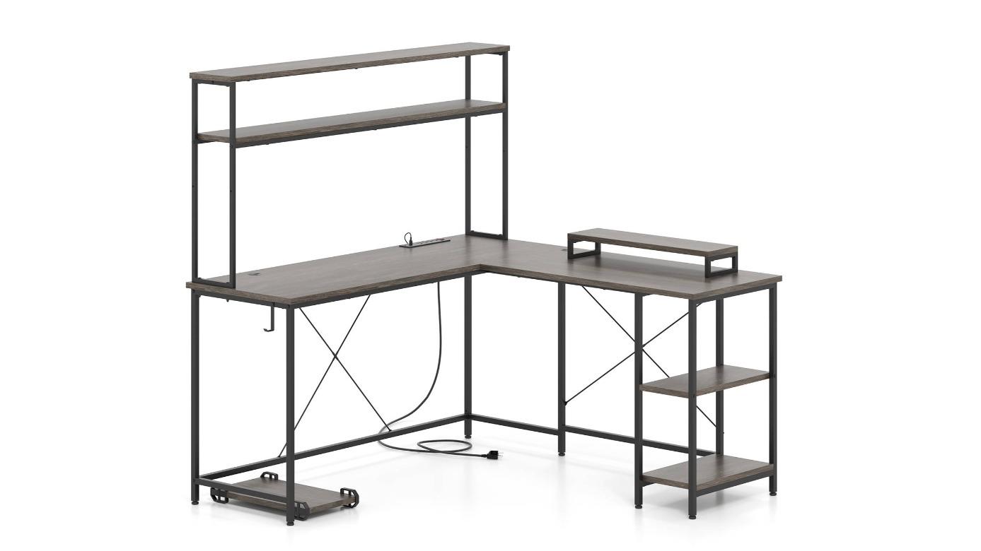 Costway Reversible L-Shape LED Gaming Desk with Power Outlet and Monitor Stand - Grey