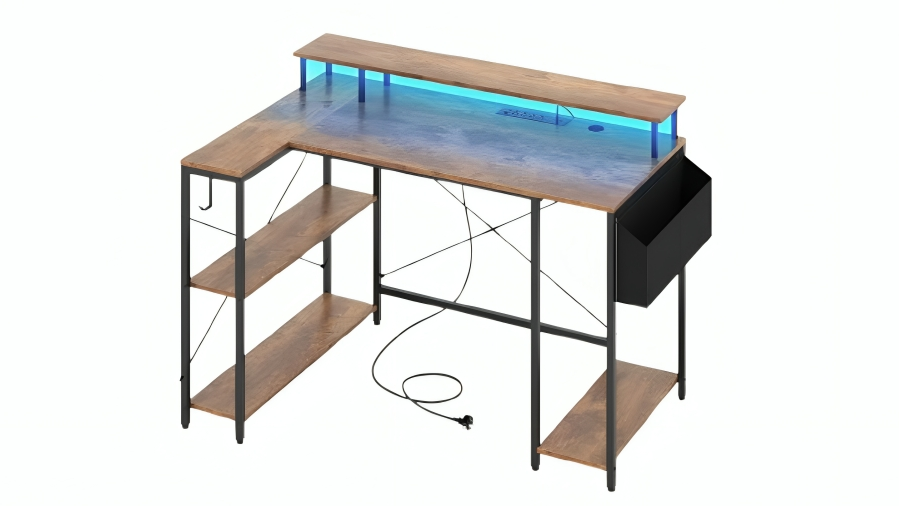 Costway 120cm L-Shaped Corner Desk with LED Light/Power Outlet Remote Control Storage - Brown