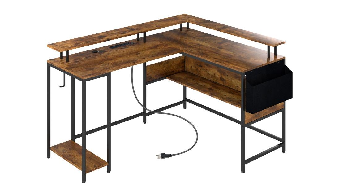 Costway L-Shaped Gaming Desk with LED Light Power Outlet and Monitor Stand - Rustic Brown
