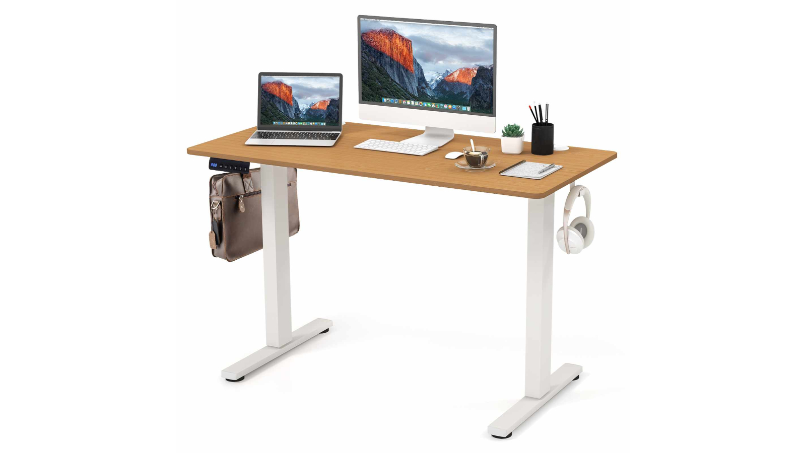 Costway Motorised Sit Stand Computer Desk - Natural