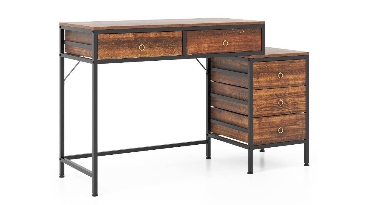 Costway 130cm Metal Frame 5-Drawer Vintage Computer Table Cabinet - Brown