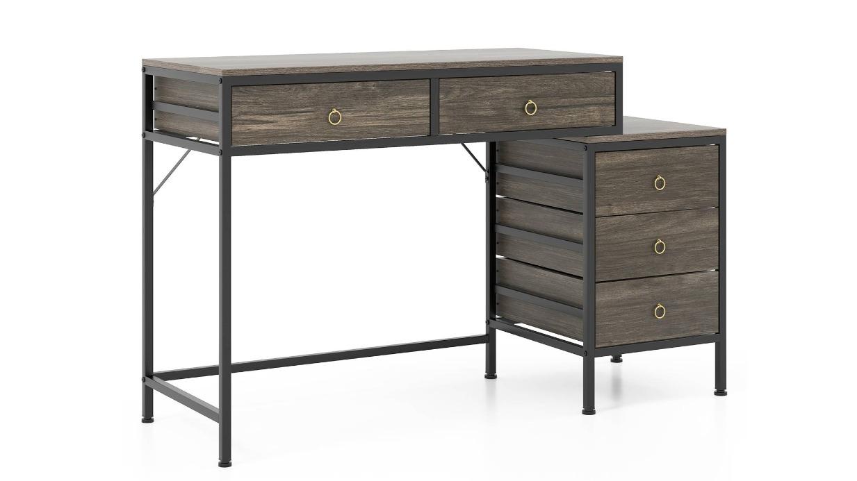 Costway 130cm Metal Frame 5-Drawer Vintage Computer Table Cabinet - Grey
