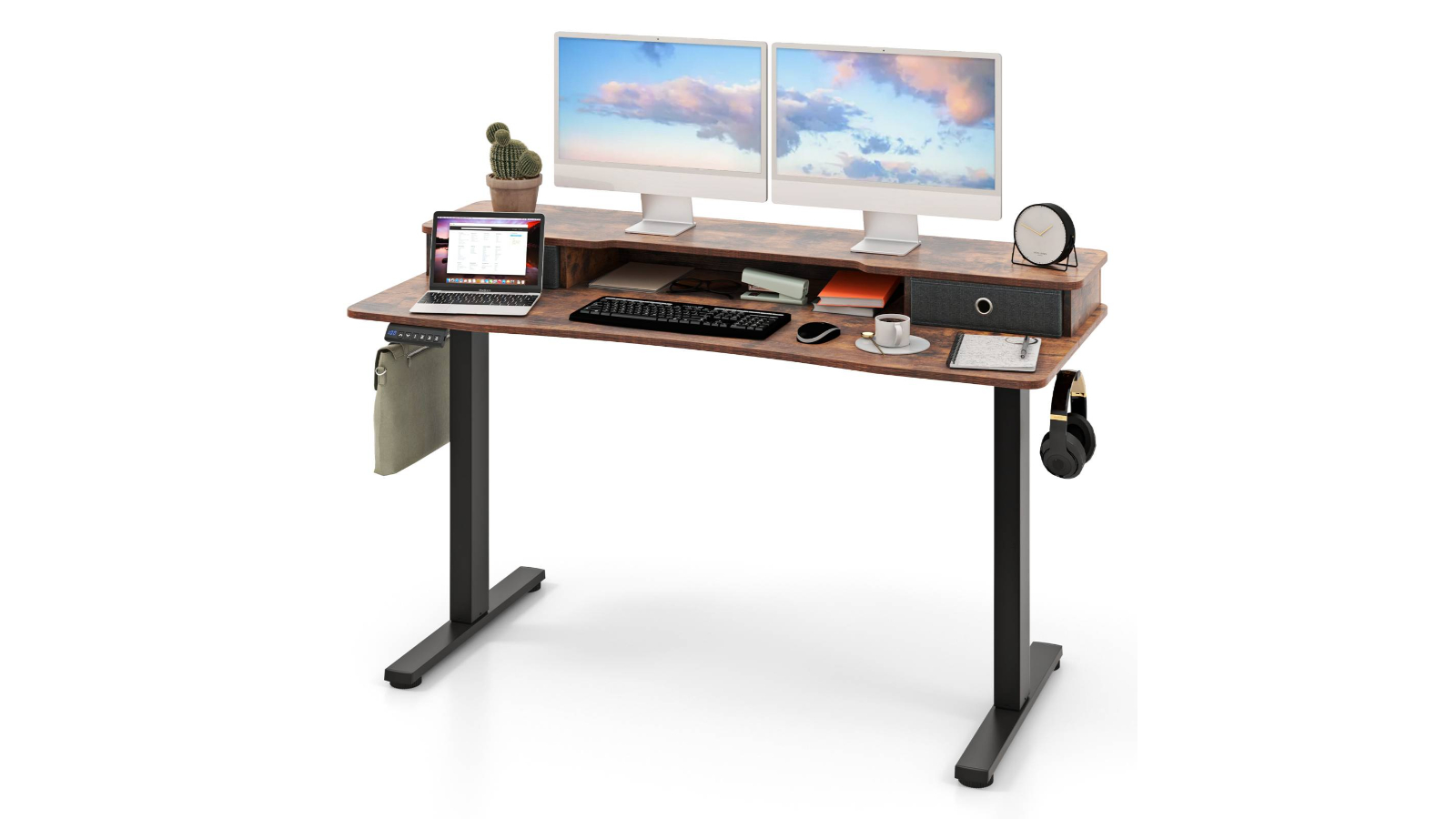 Costway 140 x 60cm Electric Standing Desk with Control Panel - Brown