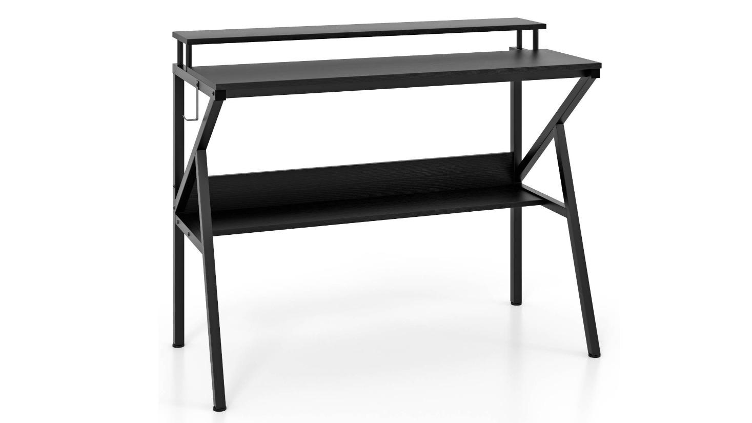 Costway R-Shaped Metal Frame Desk with Monitor Stand Hook and Storage Shelf - Black