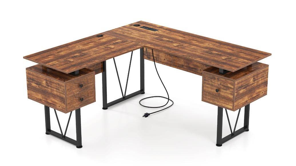 Costway L-Shaped Corner Desk with Power Outlet and 3 Storage Drawer - 150cm
