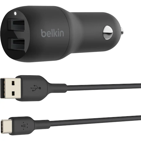 Belkin BoostCharge 24W Dual USB-A Car Charger + USB-A to USB-C Cable
