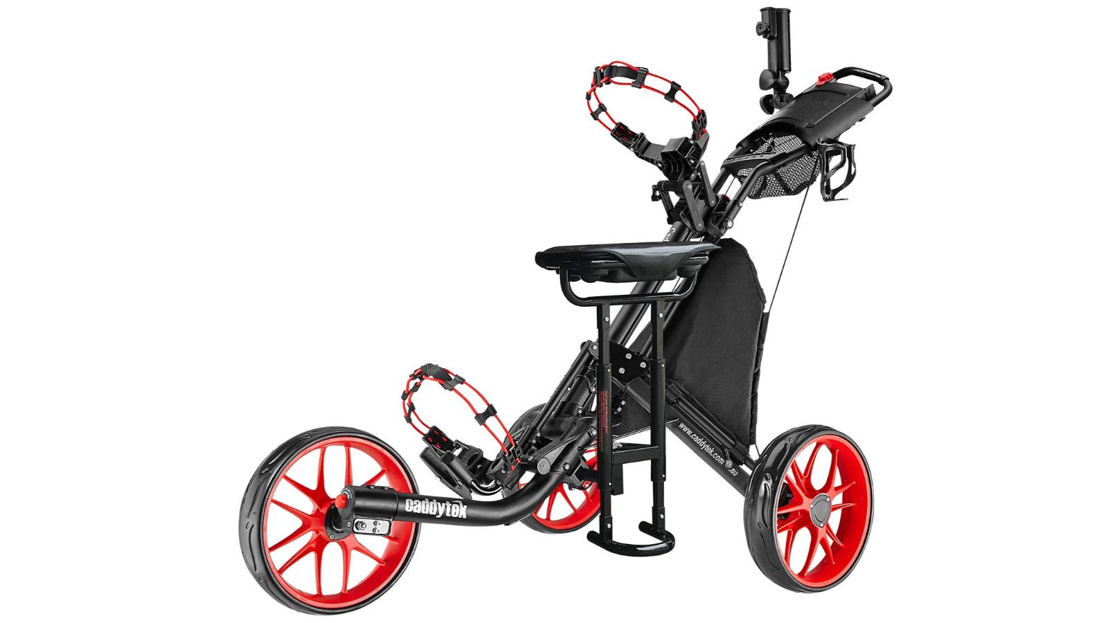 CaddyTek EZ-Fold Removable Seat 3-Wheel Golf Buggy Push Cart - Red