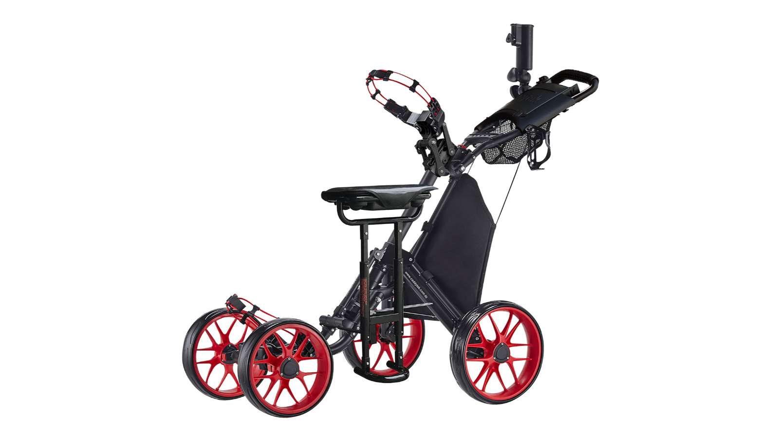 CaddyTek Pro One-Click Folding 4-Wheel Removable Seat Golf Push Cart - Red