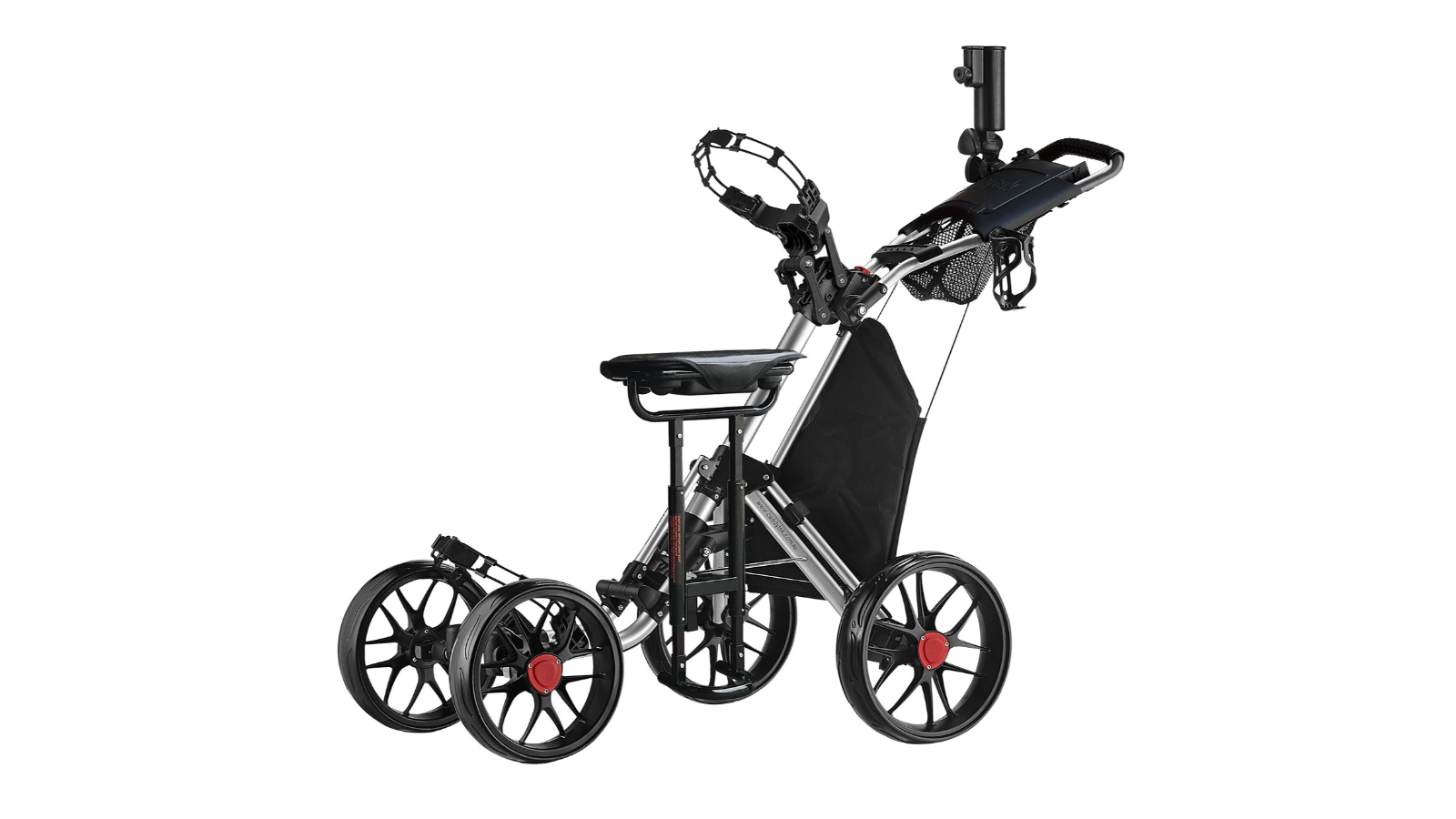 CaddyTek Pro One-Click Folding 4-Wheel Removable Seat Golf Push Cart - Silver