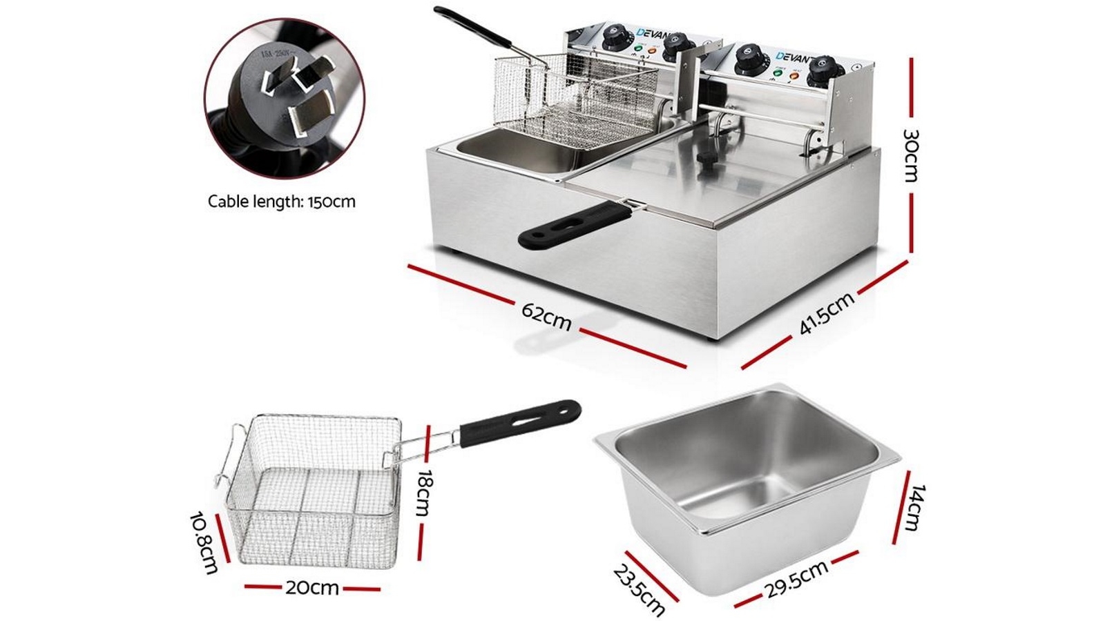 Devanti Commercial Electric Twin Deep Fryer Silver Harvey Norman