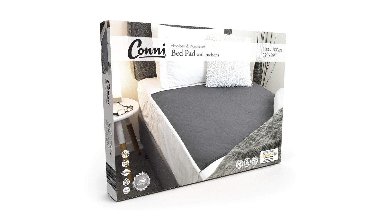 Conni 100 x 100cm Absorbent Bed Pad with Tuck-in - Charcoal