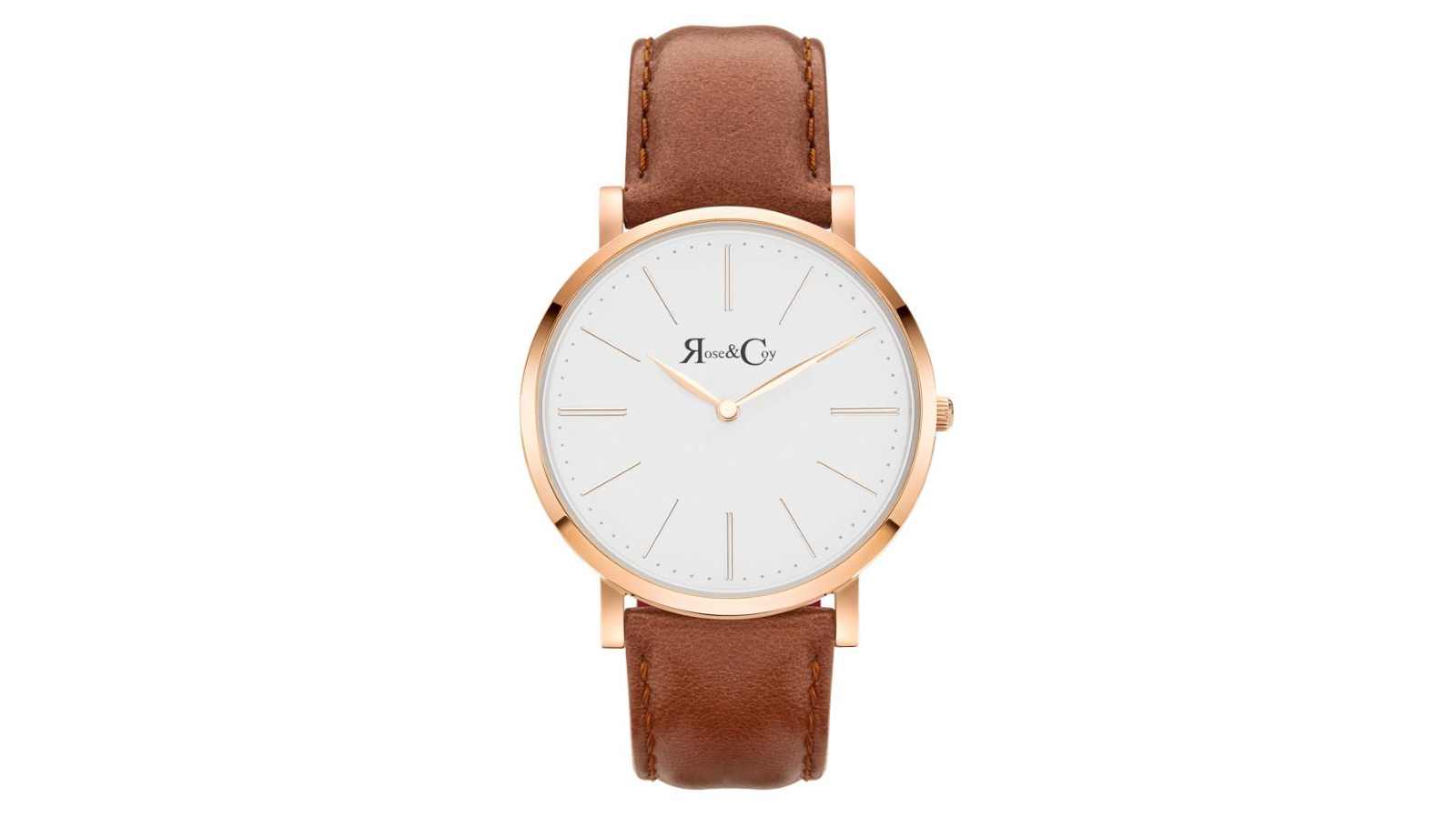 Rose and Coy 4cm Pinnacle Ultra Slim Brown Leather Watch - Rose Gold